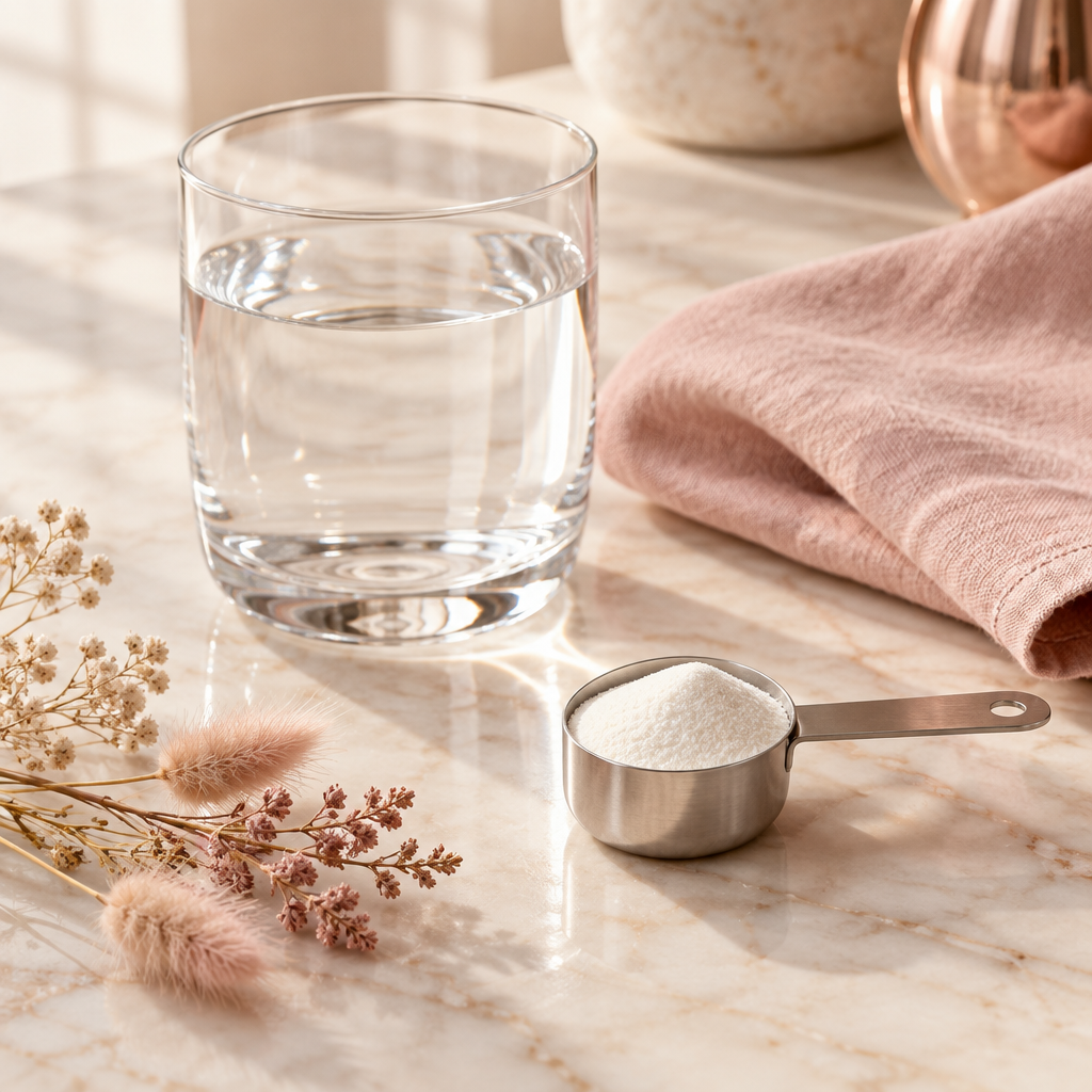 Glas Wasser mit Messlöffel und weißem Pulver auf Marmor