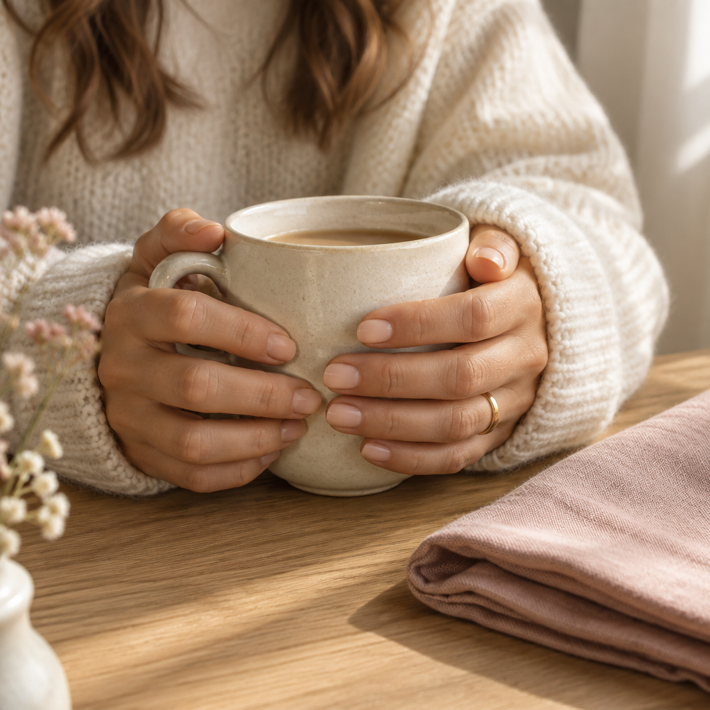 Hände halten eine Tasse Kaffee am Morgen